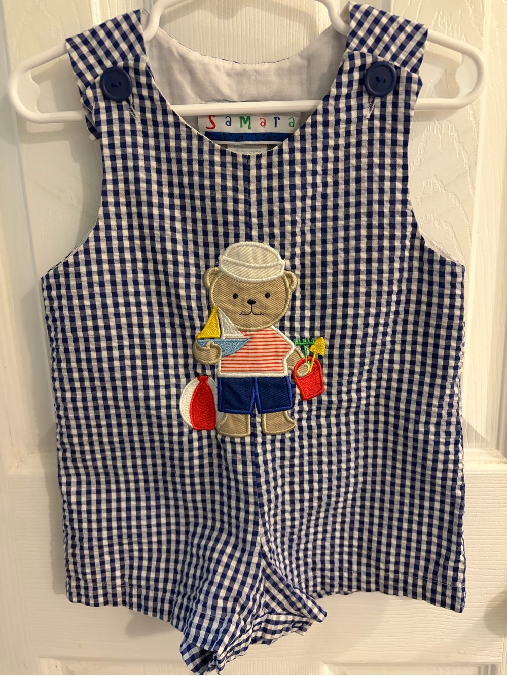 Vintage Samara Boys Pristine Seersucker Shortall w/Sailor Bear Appliqué Size 12M